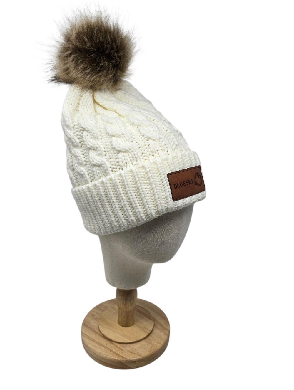 Blue Sky Cable Knit Faux Fur Pom Pom Beanie Cream Brown One Size